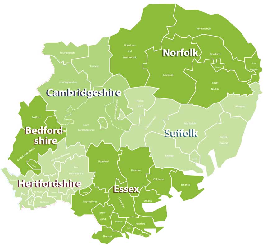 A map showing the Eastern counties of England.