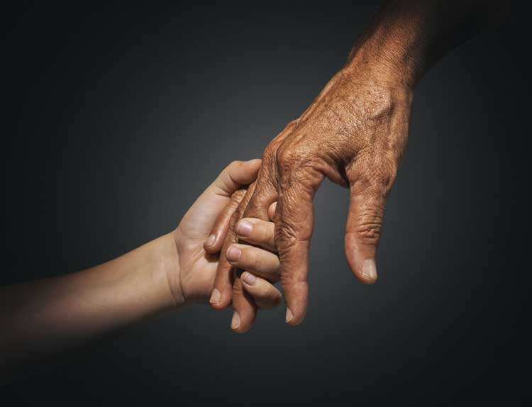An old person's and a young person's hands touching.