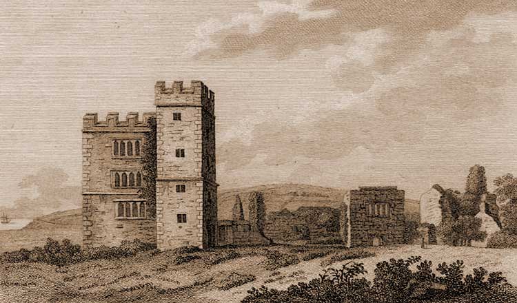 An old woodcut illustration of Pengersick Castle.