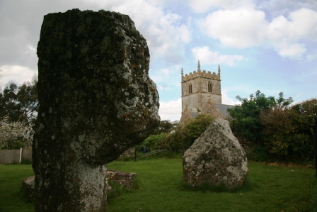 Stanton Drew Stone Circle with church in the background.