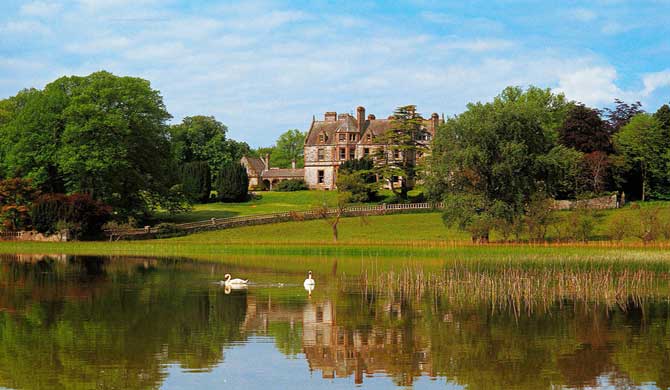 Castle Leslie viewed across the lake.