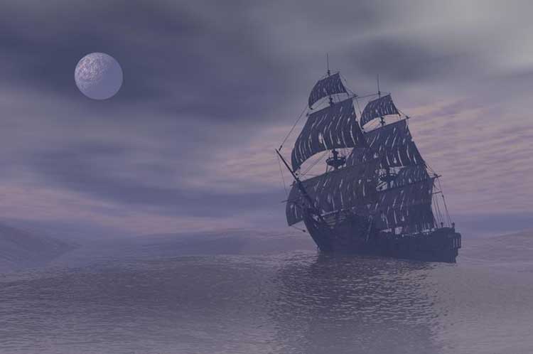 A ghostly ship on a foggy night.