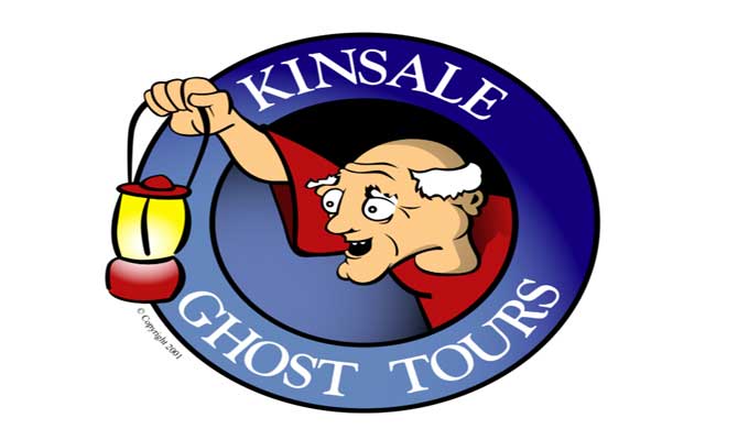 A man with a lantern over Kinsale Ghost Tours.