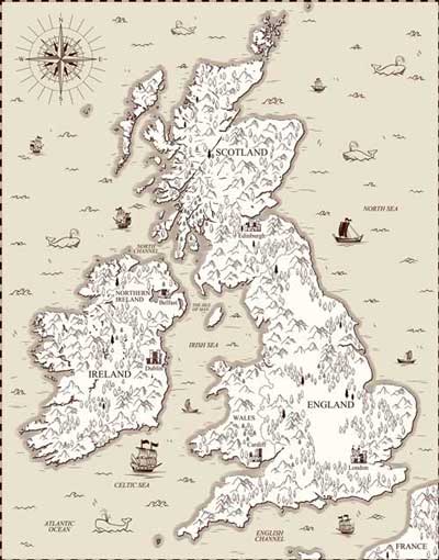 An old map of Britain and Ireland.