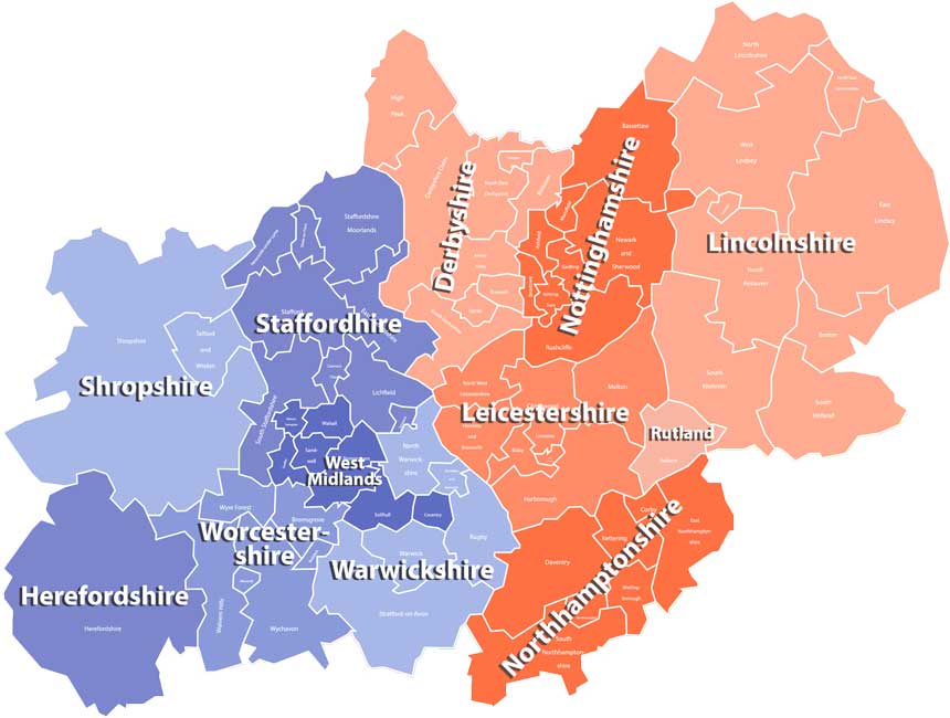 A map showing the coutnies of the Midlands.