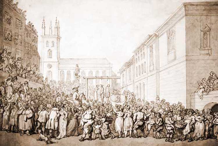 Crowds watching an execution at Newgate Prison.