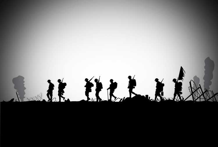 Phantom soldiers walking across a battlefield.
