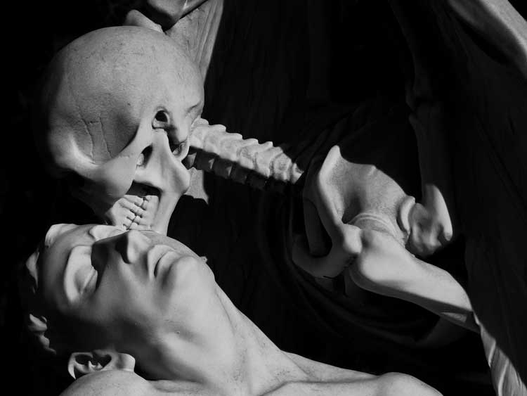 Skeleton Kissing a figure of a woman.