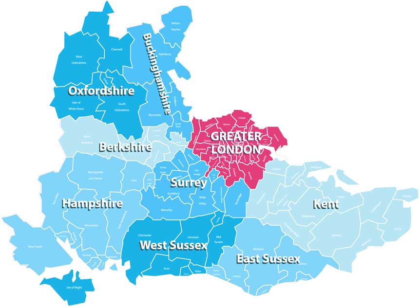 A map showing the counties of South East England.