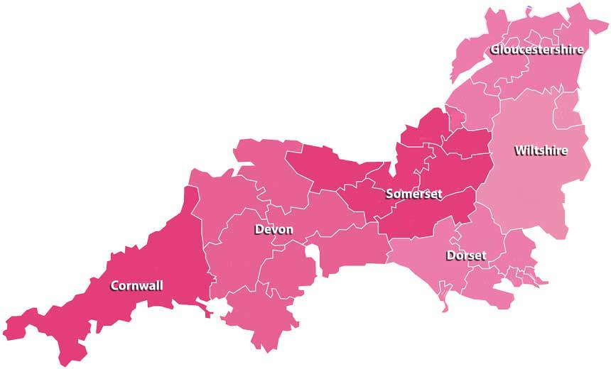 A map showing the counties of South West England.