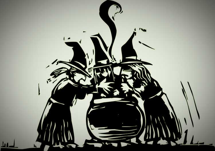 Three witches over a cauldron.
