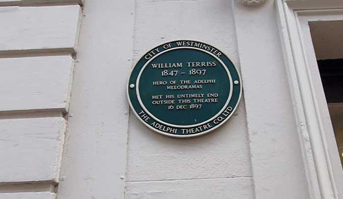The green plaque marking the site of William Terriss's murder.