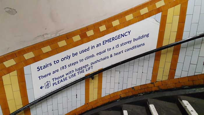The warning on the stairs at Covent Garden Station.